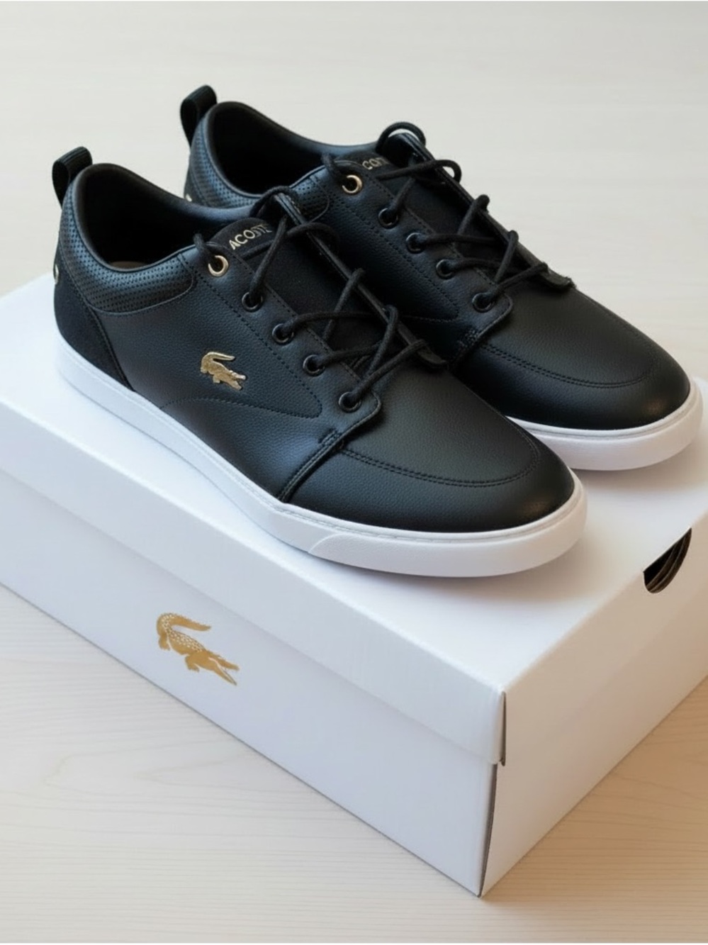 New Lacoste Black Sneakers with White Sole and Gold Logo size 8 men’s